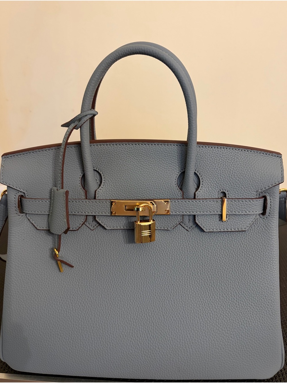 Luxury Real Leather 30cm Satchel in Light Blue with Gold Hardware